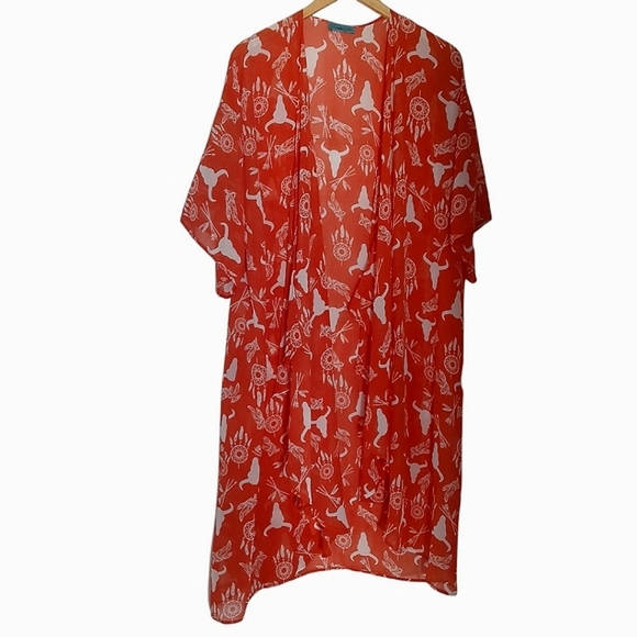 Turquoise Haven Kimono Cover Up Southwest Open Drape Boho Hippie Aztec Duster - Picture 2 of 8